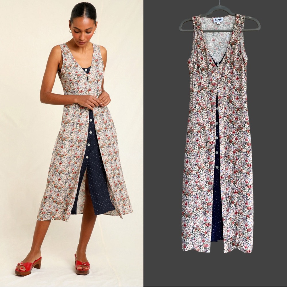 ROUJE Floral Navy Polka Dot Printed Layered Sleeveless Button Down Lorine Dress - Picture 2 of 14
